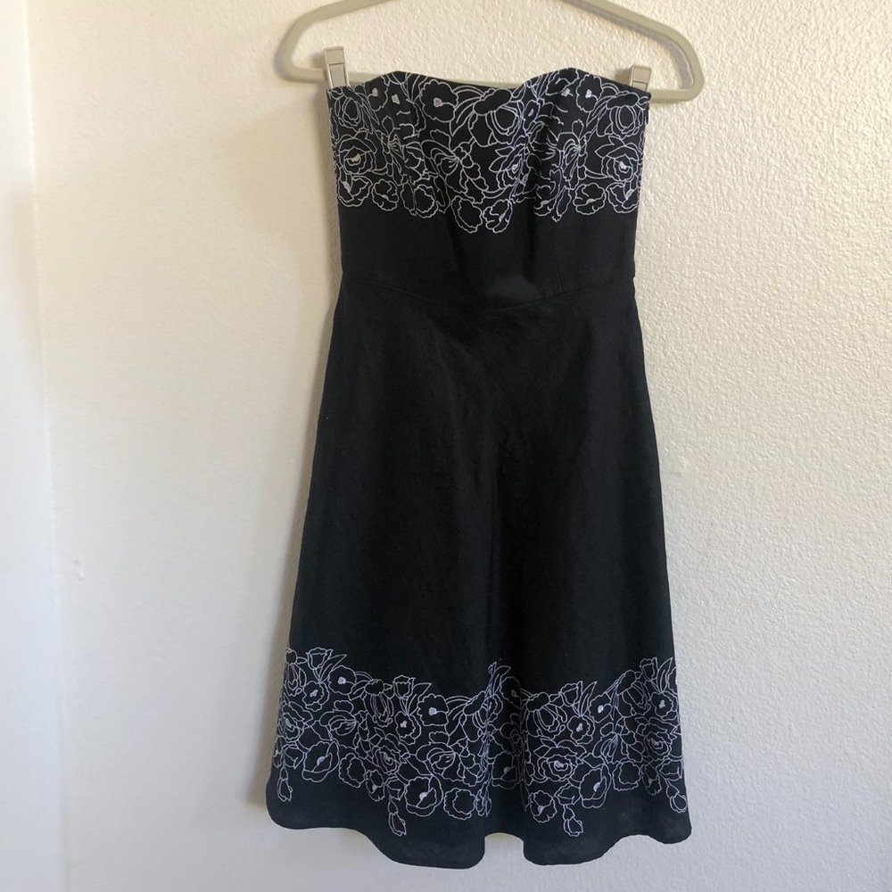 Ann Taylor LOFT Black Linen Floral Embroidered Strapless A-Line Dress 4